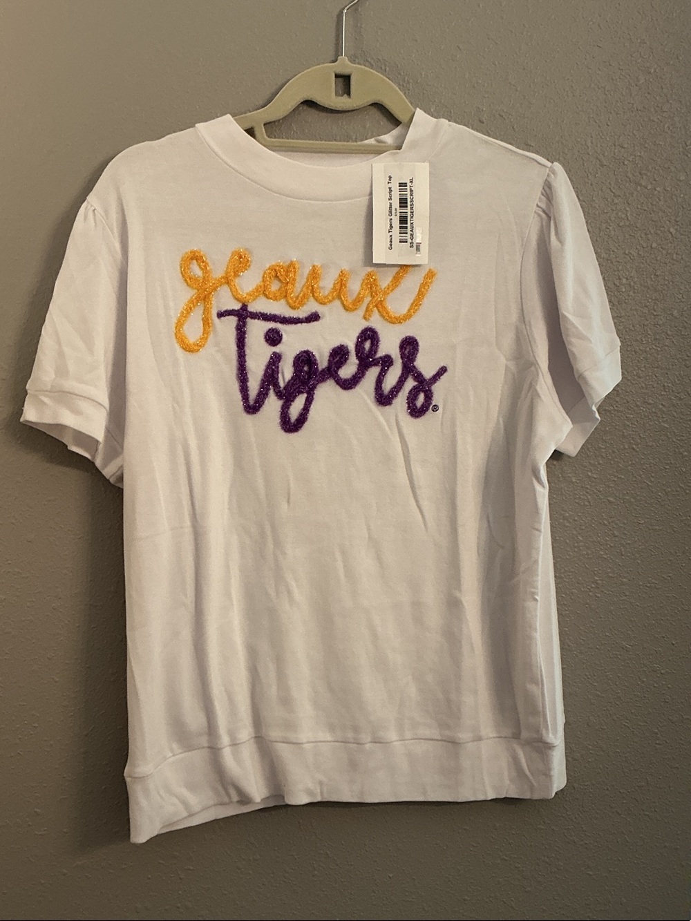 Women's White Long-Sleeve 'Geaux Tigers' Script Tee in Purple & Gold